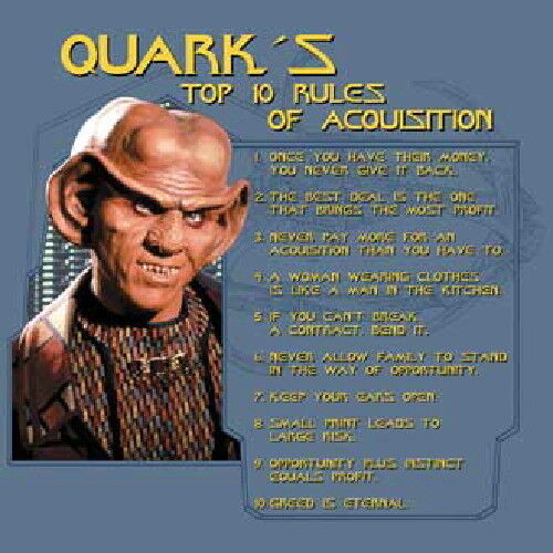 Star Trek: Deep Space Nine Quark's Top Rules of Acquisition T-Shirt NEW UNWORN
