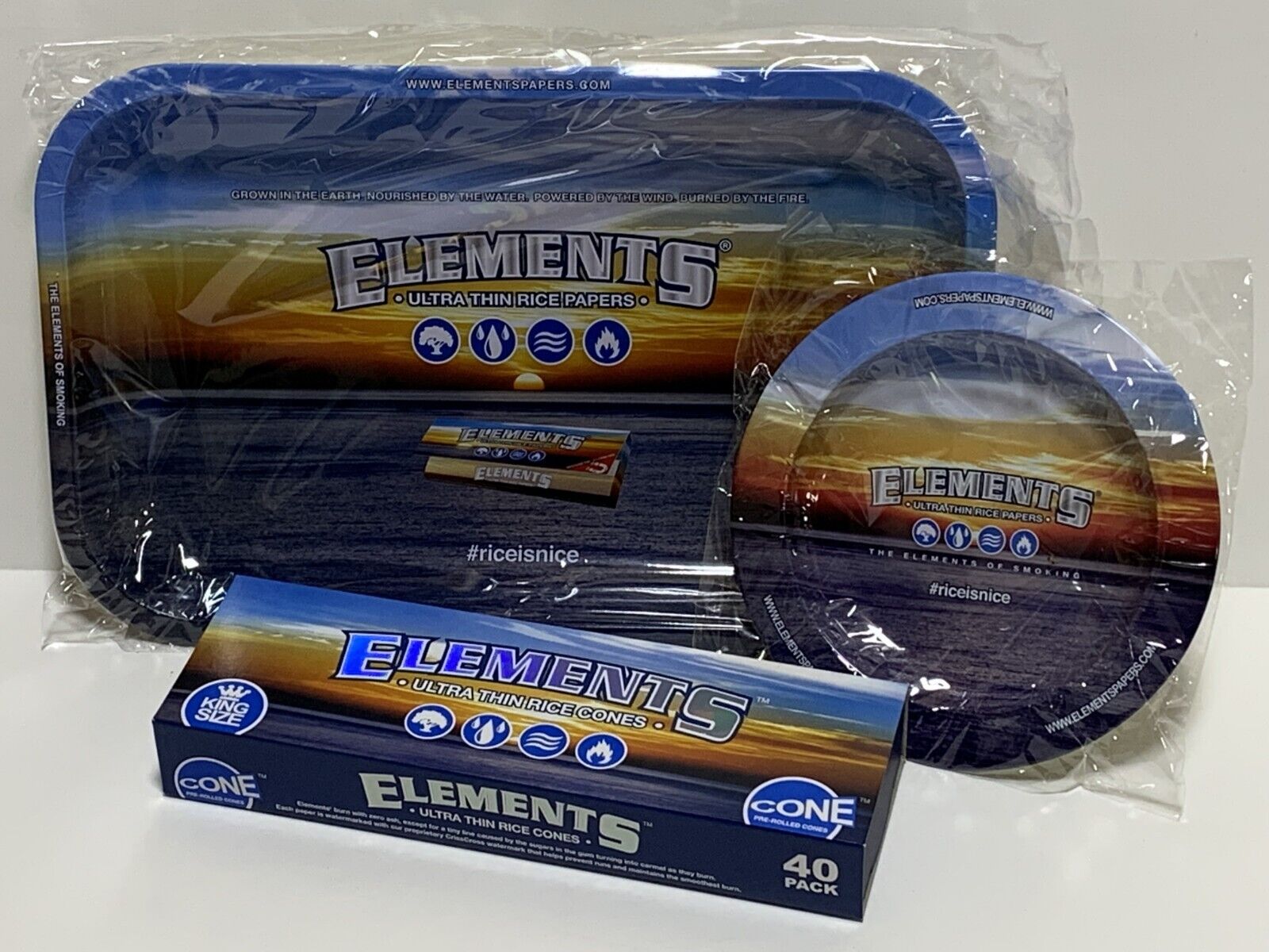 ELEMENTS BUNDLE - 40 Pre-Rolled KING SIZE Cones + metal ROLLING TRAY AND ASHTRAY