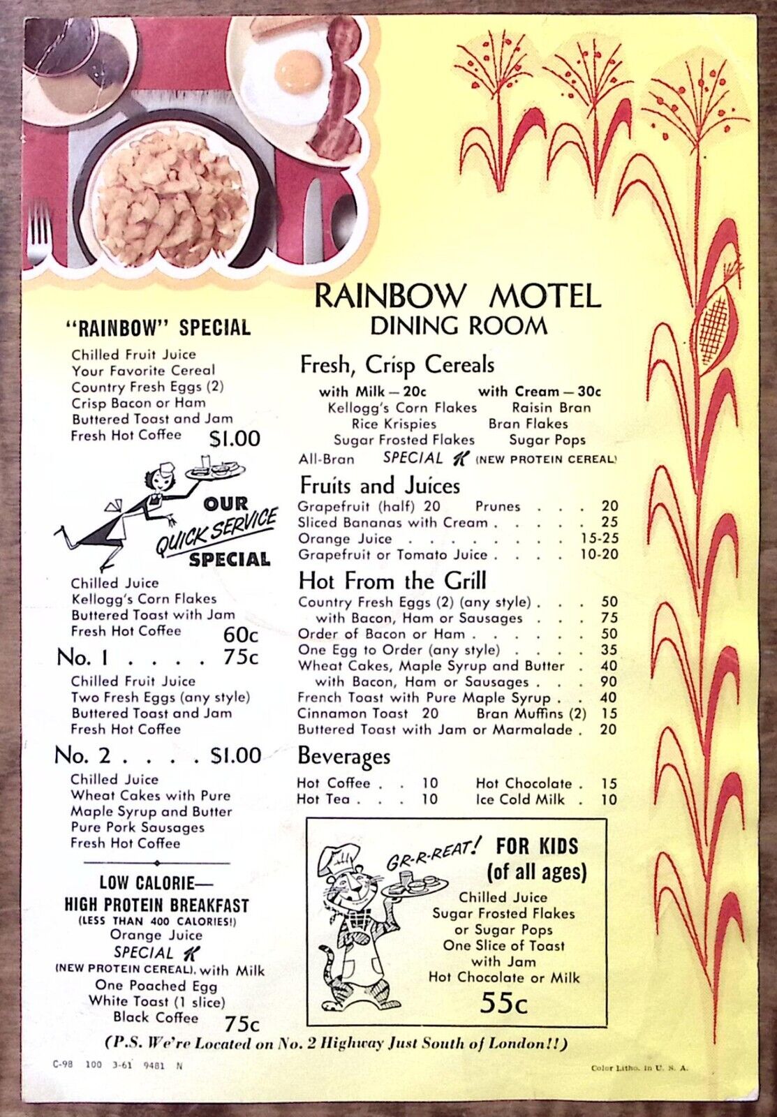 c1960 NEW LONDON WISCONSIN  RAINBOW MOTEL DINING ROOM RESTAURANT MENU  Z5573