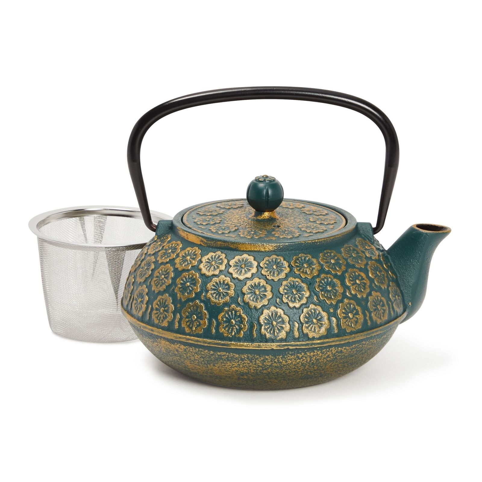 Classic Cast Iron Tea Pot with Kettle Stainless Steel Infuser 34oz, Green Floral