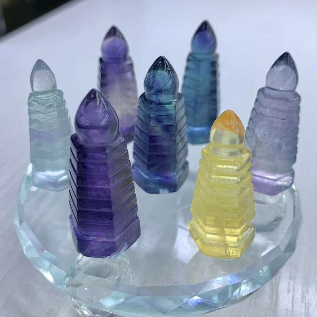 Natural Colored fluorite Carved Wenchang Pagoda Seven Star Group +stand 1set 7pc