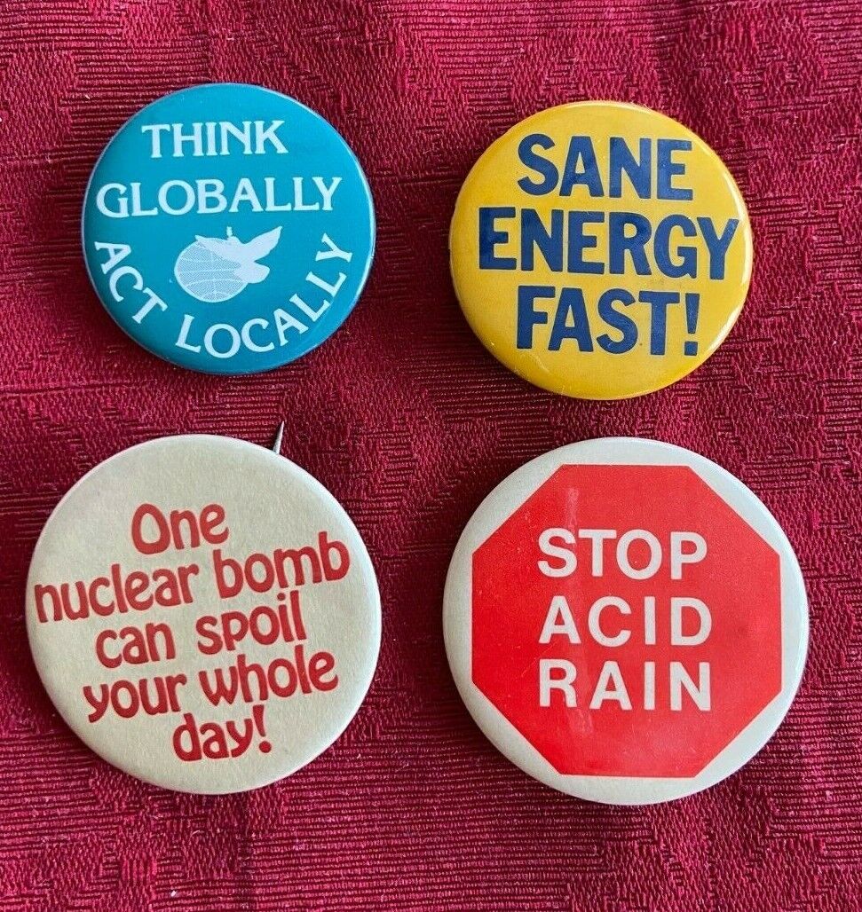 Retro Environmental Pinback Buttons: Nuclear Energy, Acid Rain, Save Energy 