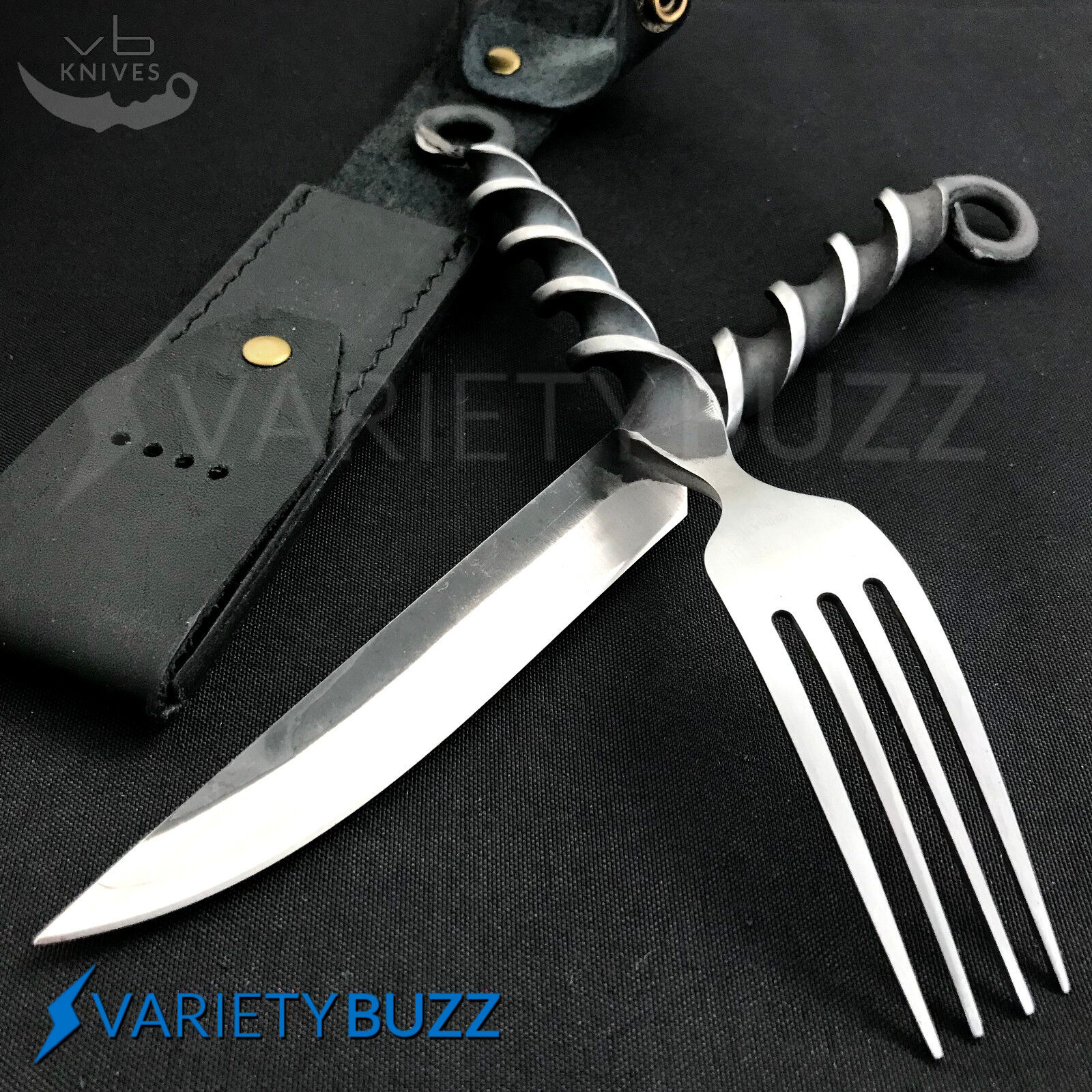New Medieval Fork and Knife Feasting Set with Custom Leather FIXED BLADE SHEATH