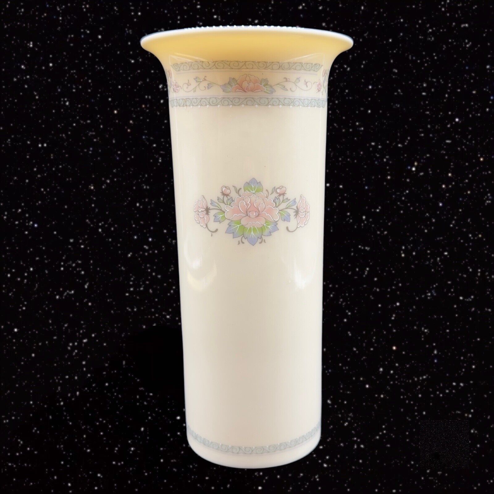 Vintage Lenox Vase Charleston Silver Edge Pink Blue Flowers USA Porcelain 6.5”T