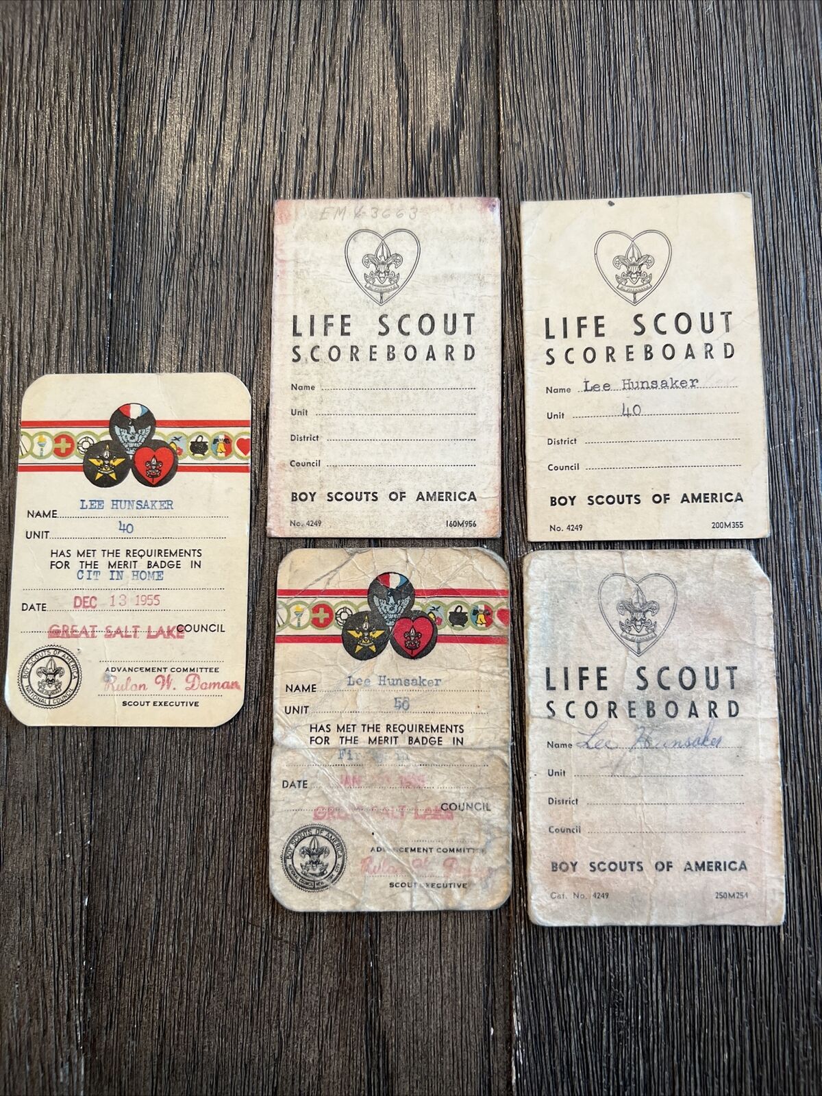 Vintage 1955 Boy Scouts BSA Life Scout Scoreboard Cards (3) and Merit Badge Card