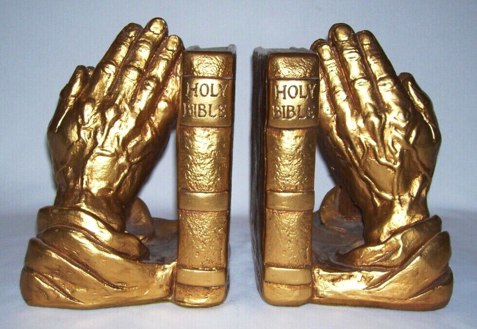  PROGRESSIVE ART PRODUCTS ~ Gilded HOLY BIBLE & PRAYING HANDS Bookends ~ 1965
