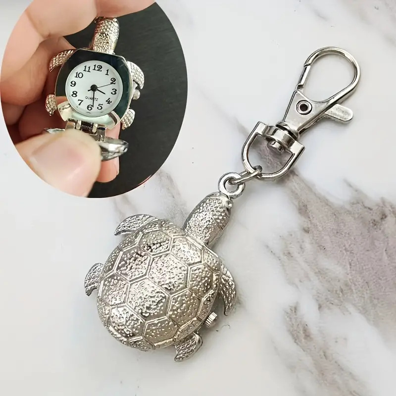 Turtle Shape Cute Pocket Watch Vintage Keychain Novelty Quartz Watch Silver Gift