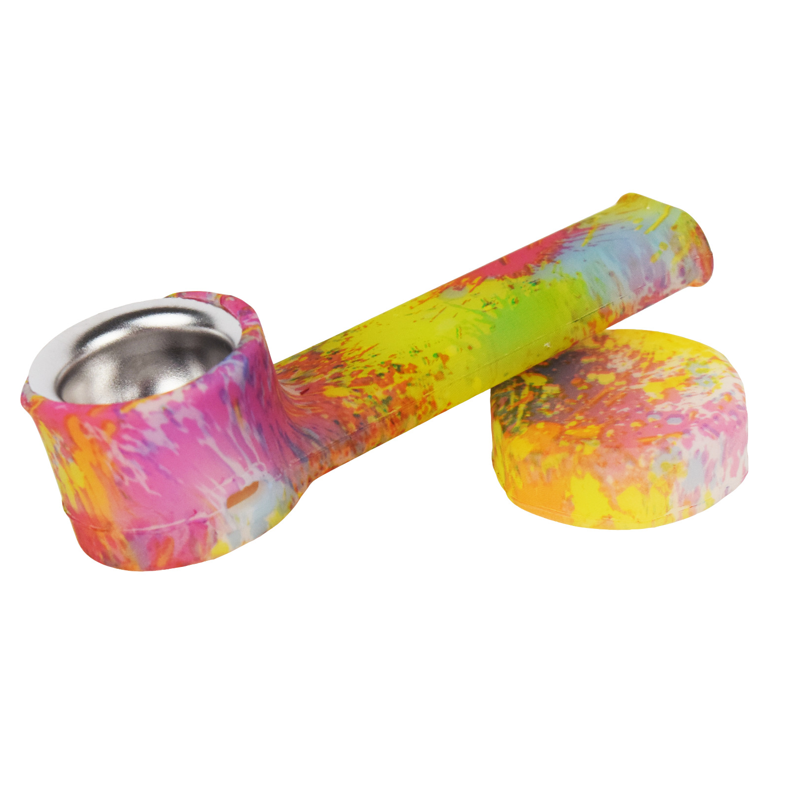 Glow-in-dark Silicone Smoking Pipe, Metal bowl & Cap Lid ~ Splatter ~ 3.5 in