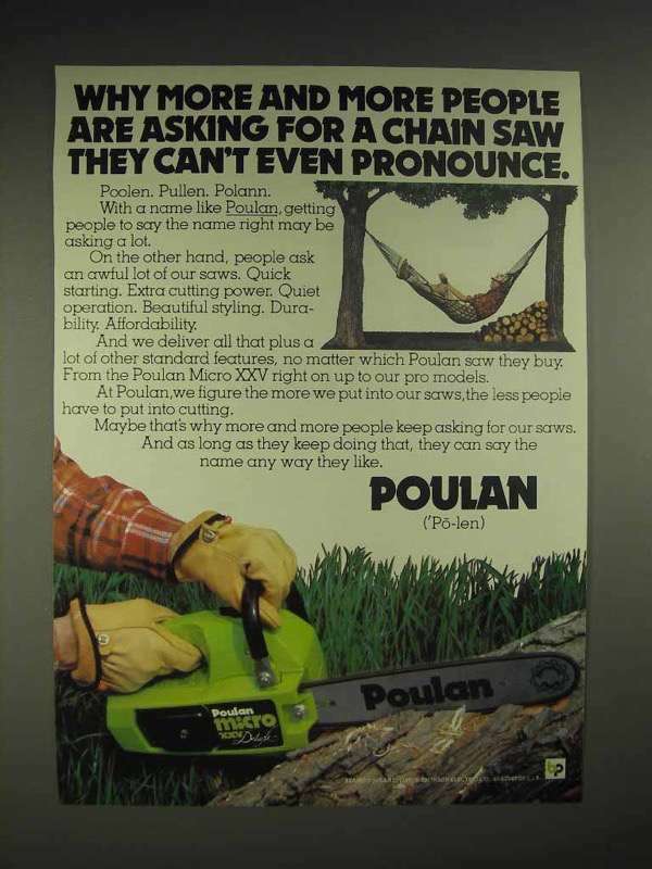 1978 Poulan Micro XXV chainsaw Ad - Can't Pronounce