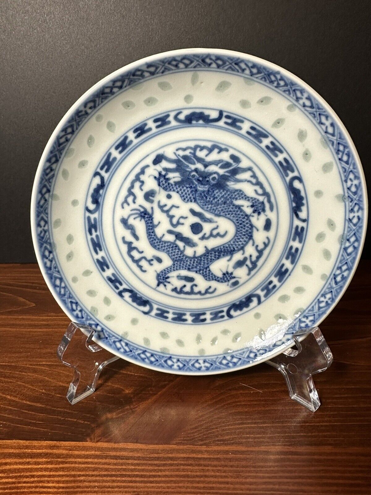 Vintage Chinese Dragon Rice Eye Grain Porcelai Dish/Saucer, Blue and White, 5.5\