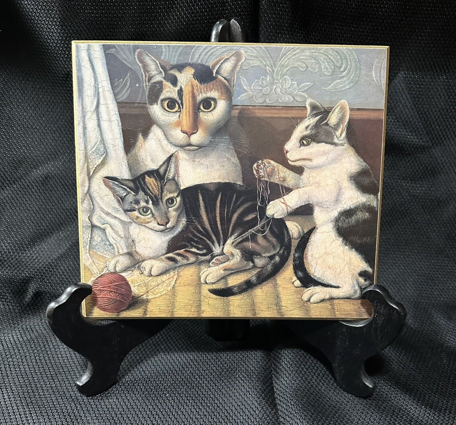 Vintage Cat And Kittens 19th Century Repro Abstract Art Circa 1958 Pressboard