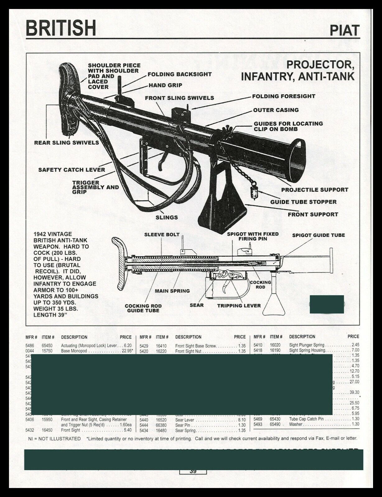 1999 BRITISH PIAT Projector Infantry Ani-Tank Weapon Parts List AD
