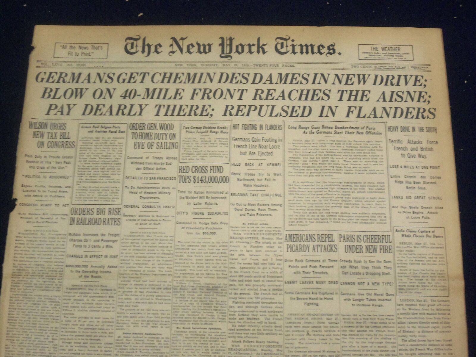 1918 MAY 28 NEW YORK TIMES - GERMANS GET CHEMIN DES DAMES - NT 8186