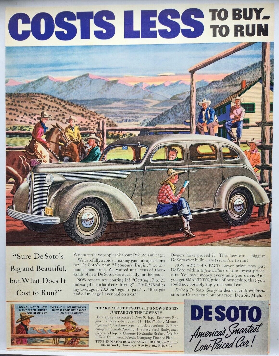 1937 Desoto Cowboy Ranch Horses Vintage Print Ad Man Cave Poster Art 30\'s