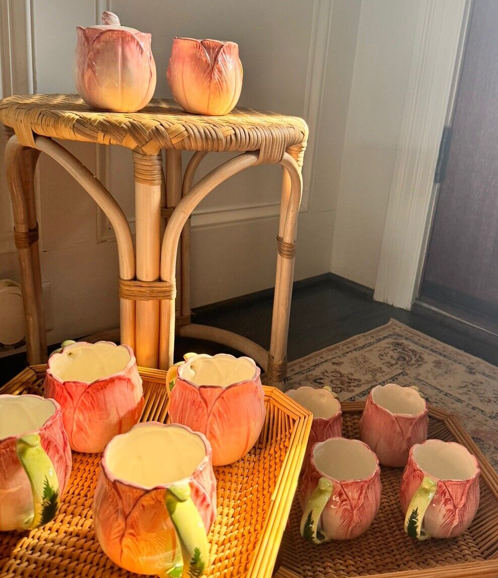 Vintage Ceramic Pink Open Tulip Bud Shaped 11 Piece Tea Or Coffee Set