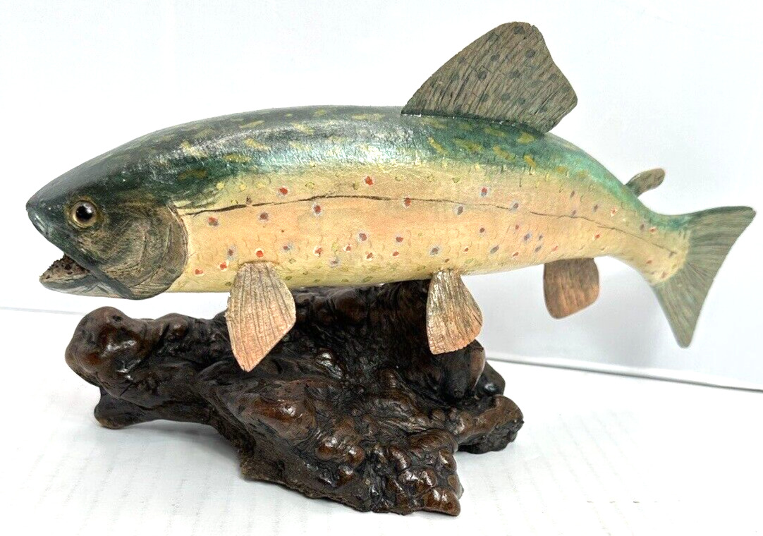 Ron Eaton Rainbow Trout Sculpture Art Wood Hand Carved & Painted on Burl Wood