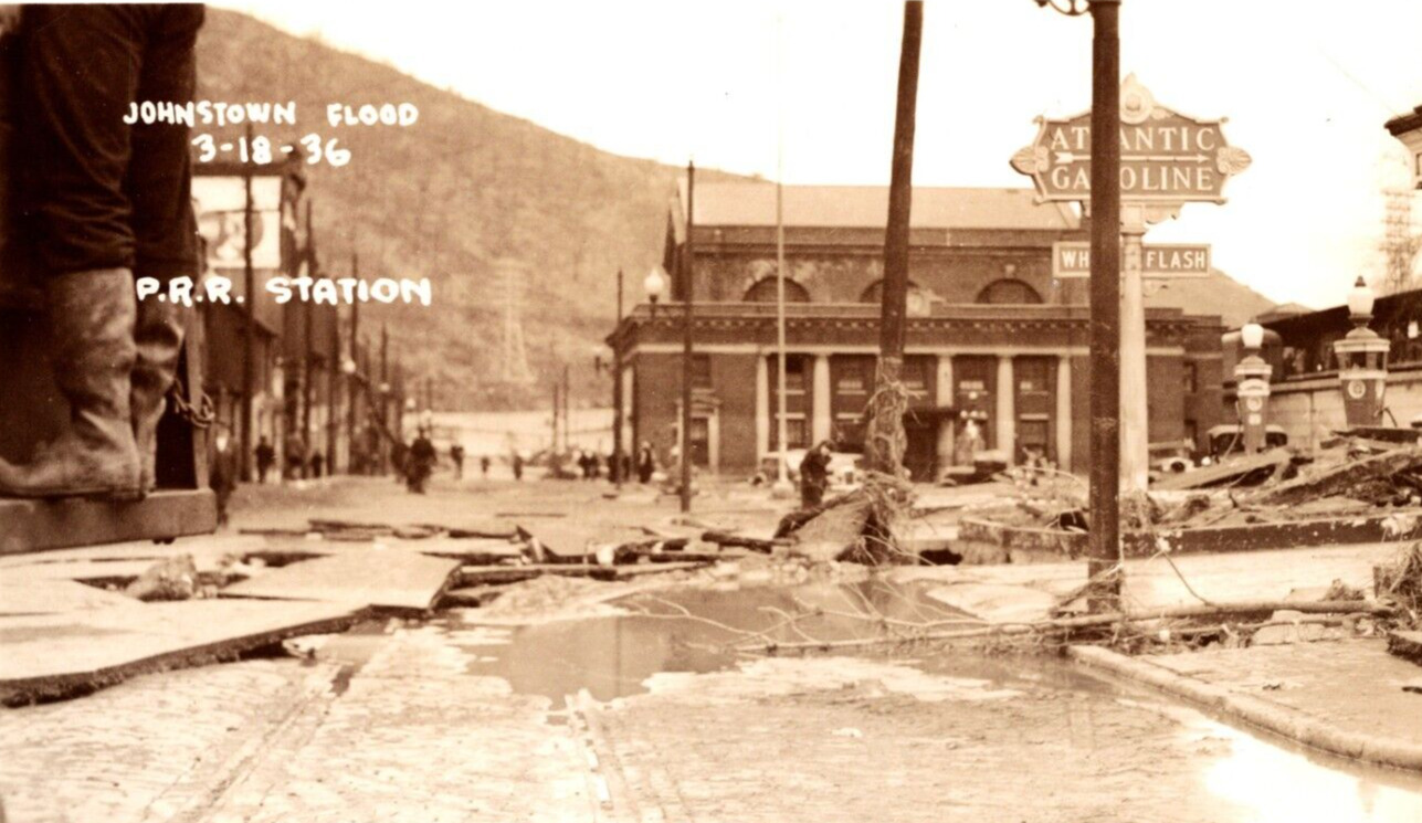 c1936 RPPC Flood MAJOR Damage Pennsylvania Railroad Station JOHNSTOWN Postcard