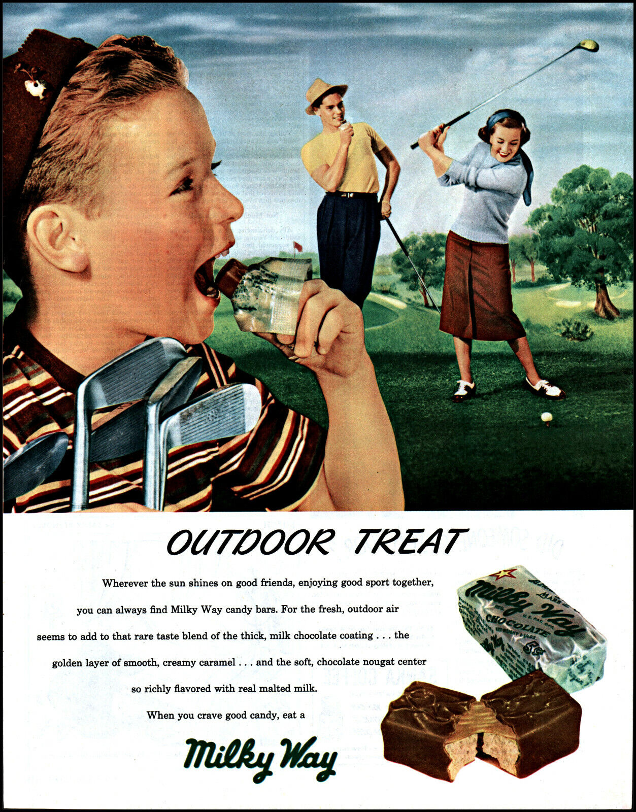 1948 Woman man golfing boy eating Milky Way candy bar vintage photo print ad L49