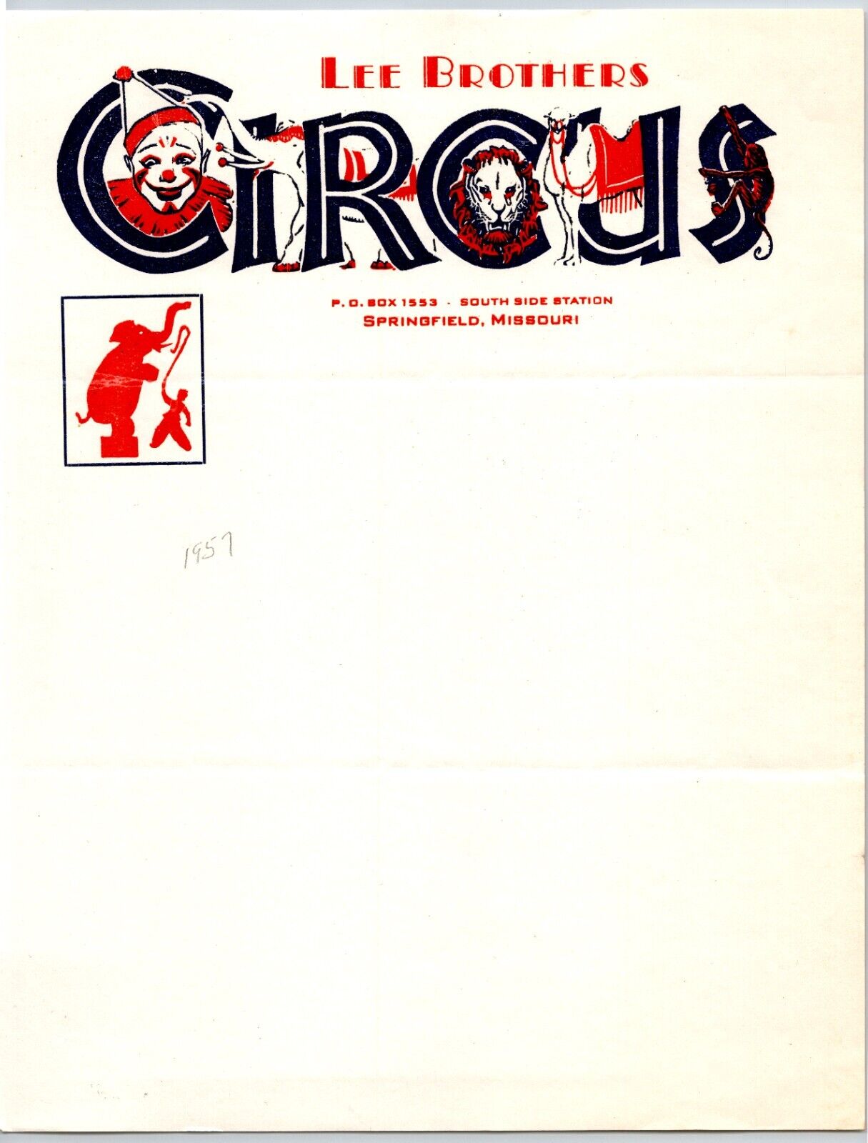 Lee Brothers Circus Letterhead Springfield, MI c1957 Large Thermography Text