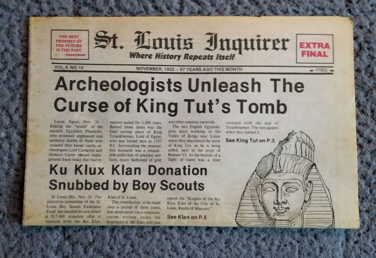 Vintage 1922 The Curse of King Tut's Tomb St Louis Inquirer Newspaper Klan