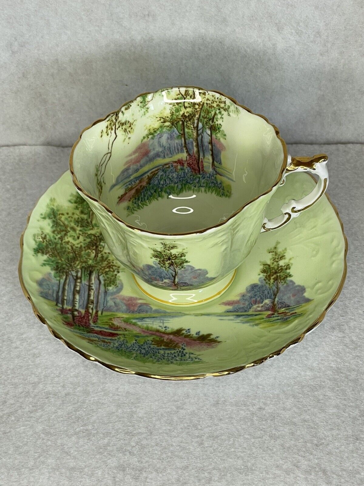 Aynsley “Birch Trees & Pathway” Square Scalloped Green Footed Tea Cup Set (B1)