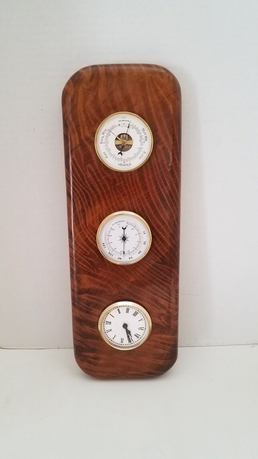 Vintage French Dark Walnut Barometer, Clock, Temperature Weather Station 