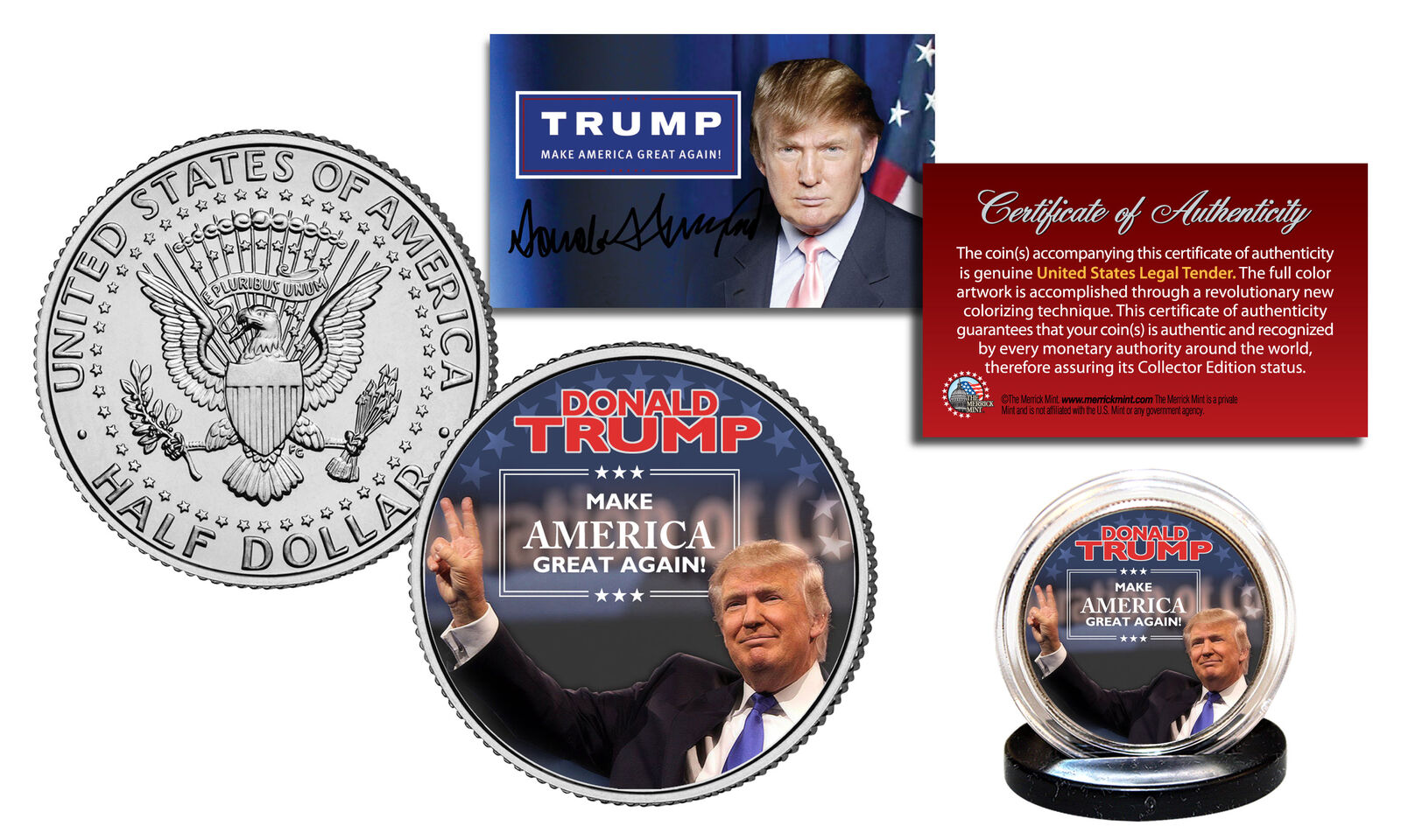 DONALD TRUMP 45th Pres *MAKE AMERICA GREAT AGAIN* Colorized JFK Half Dollar Coin