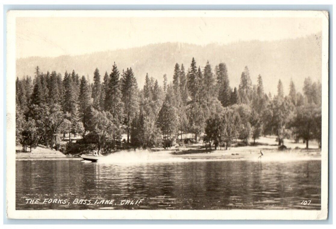 1954 The Forks Boat Jet Ski View Bass Lake California CA RPPC Photo Postcard
