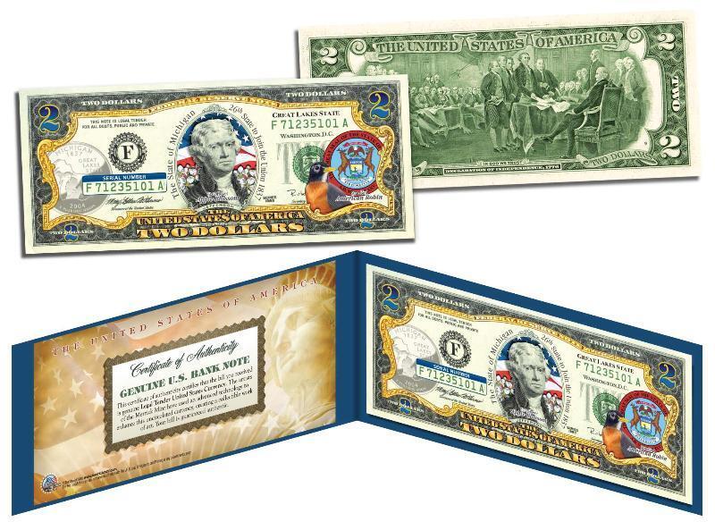 MICHIGAN Statehood $2 Two-Dollar Colorized U.S. Bill MI State *Legal Tender*