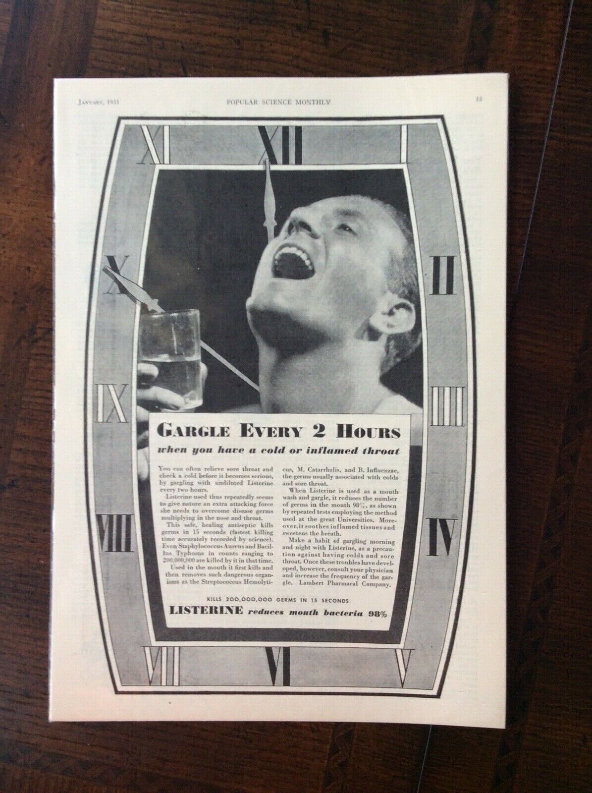 1931 vintage original print ad Listerine Mouthwash Gargle Every 2 Hours