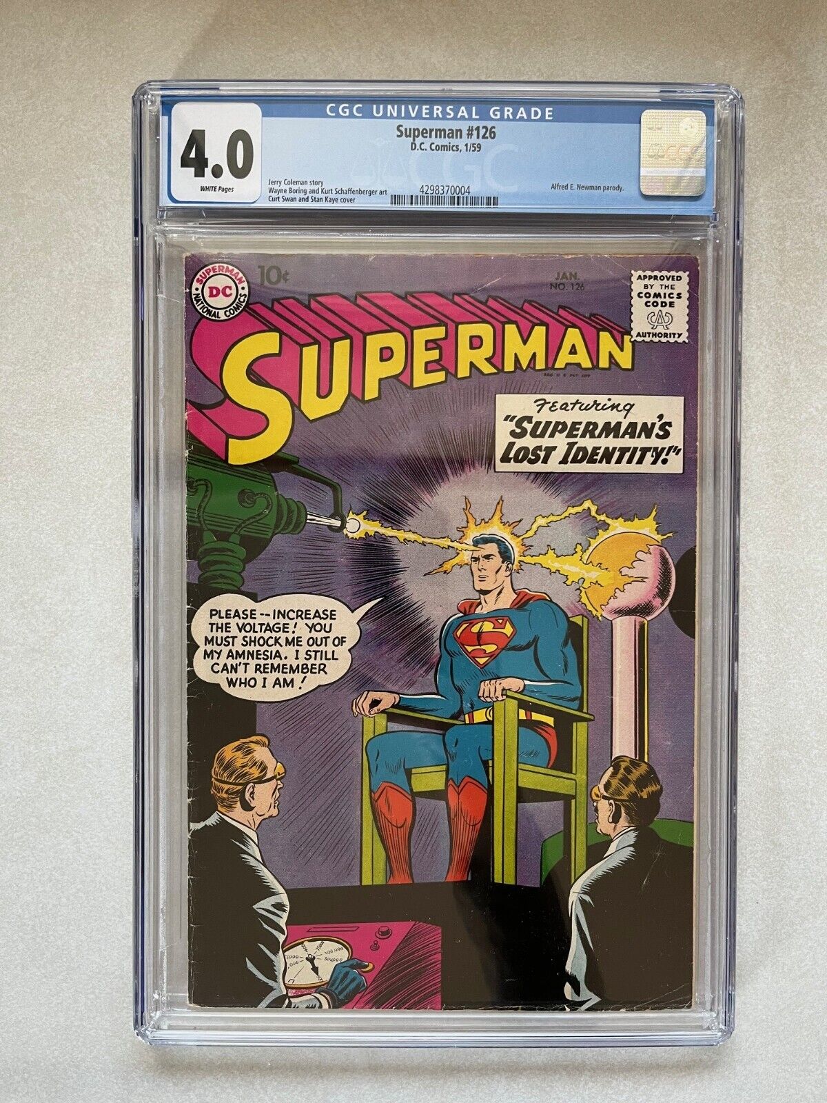 Superman # 126 1959 CGC 4.0 WHITE PAGES Dc Comics Alfred E Newman parody Nice