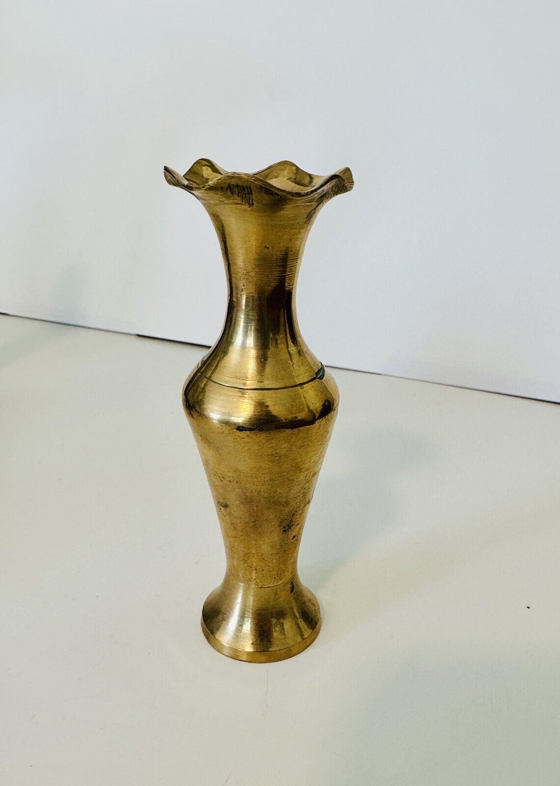 Vintage MCM Brass Vase Ruffle Top Etched Collar Mid Mod Decor