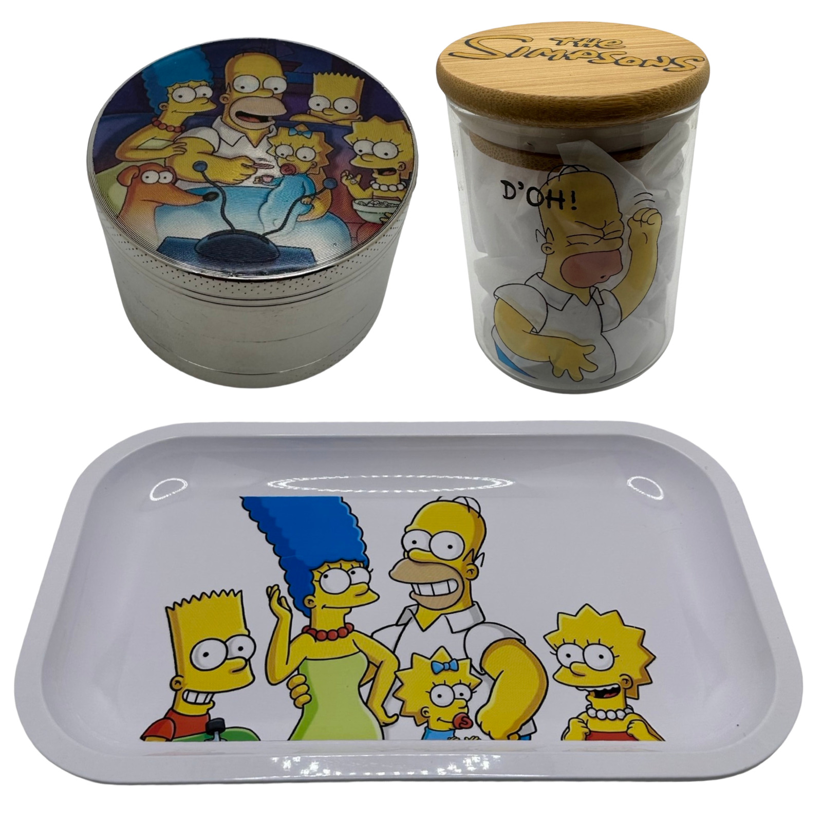 Simpsons Funny Cartoon Herb Grinder, Stash Jar, Rolling Tray Set