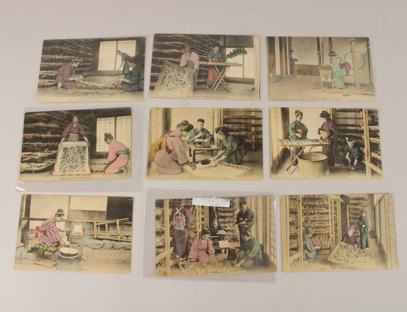 Lot of 9 Unused Hand-Colored Antique Japanese Women Silk Worm Harvest Postcards