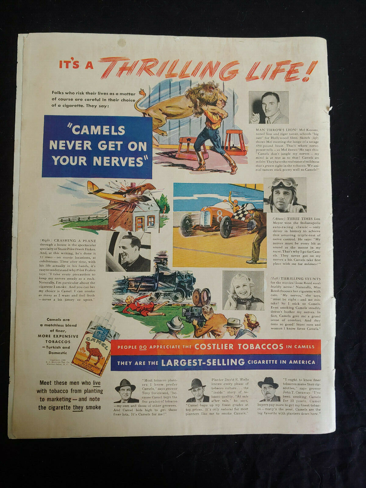 VTG 1938 Orig Cigarette Magazine Ad Camel It\'s A Thrilling Life Never Nerves COL
