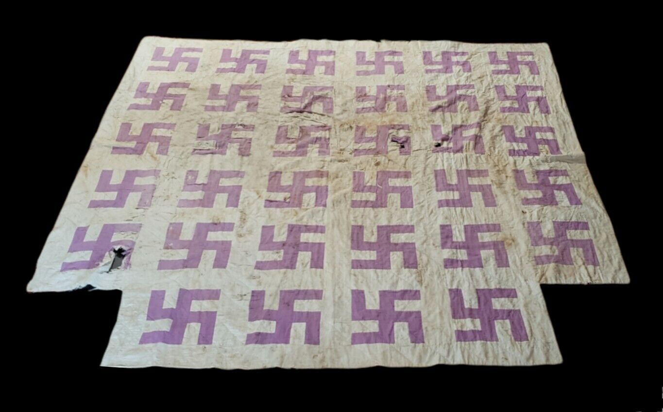 Antique White Purple Whirling Logs Native Swasti ka Quilt Cut Out Corner 1930s 