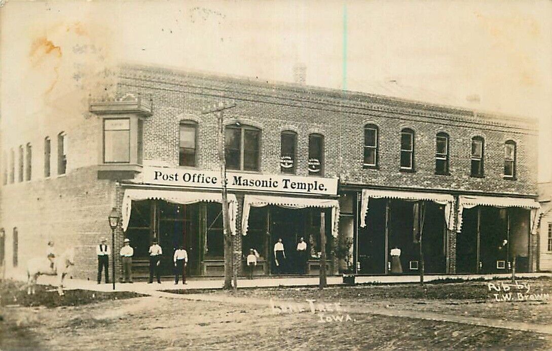 Real Photo Postcard Post Office & Masonic Temple, Lone Tree, Iowa - used 1908