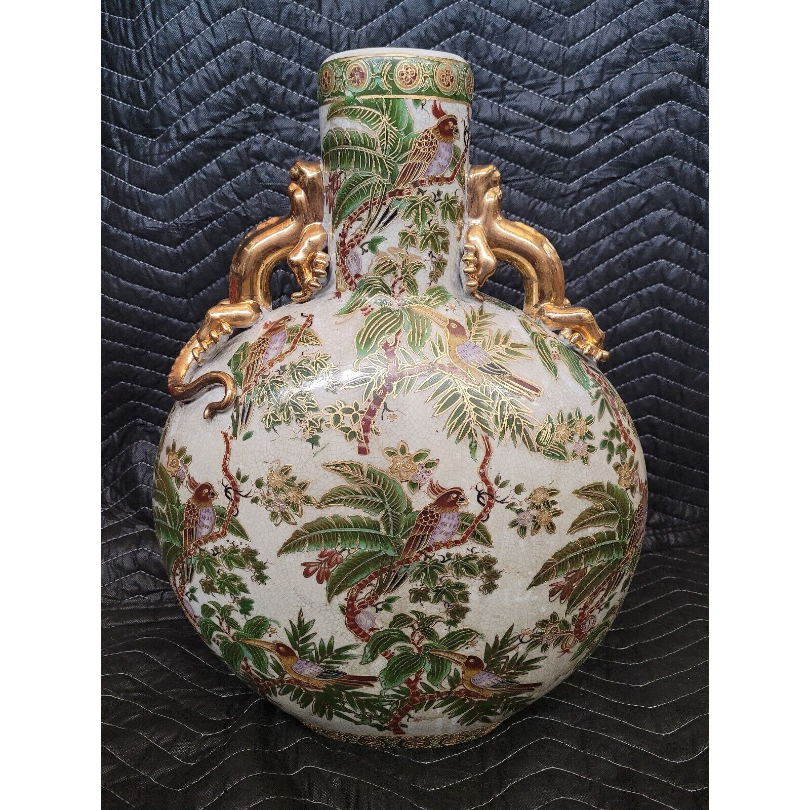 Vintage Chinese Moonflask Moon Vase Gilded Dragon Handles