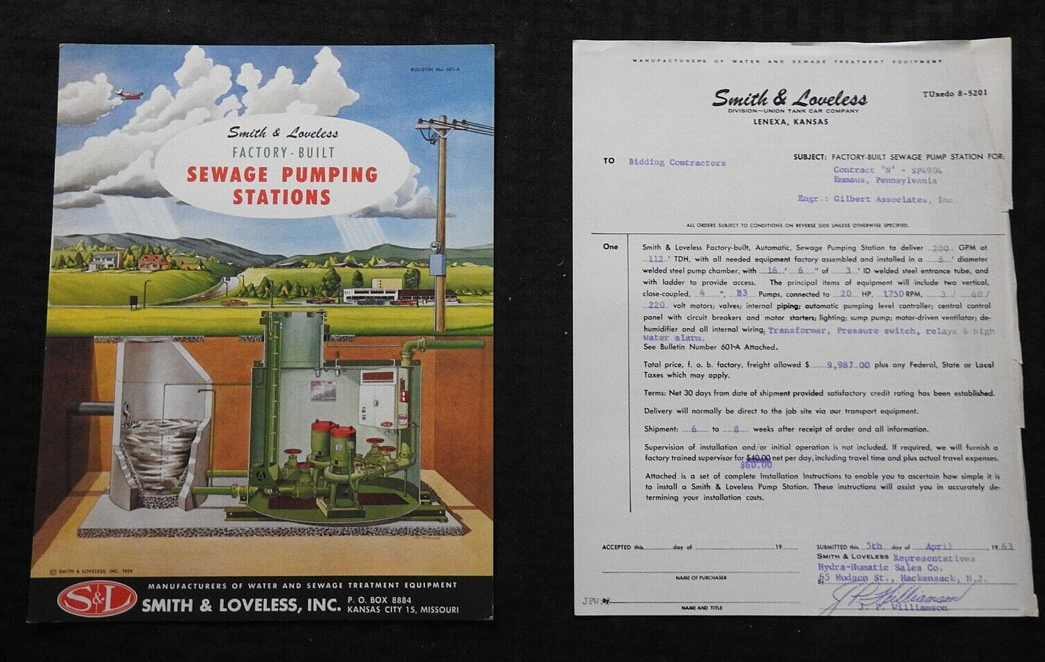 1959 Smith & Loveless Sewage Pumping Stations Brochure & Contract Emmaus PA MINT