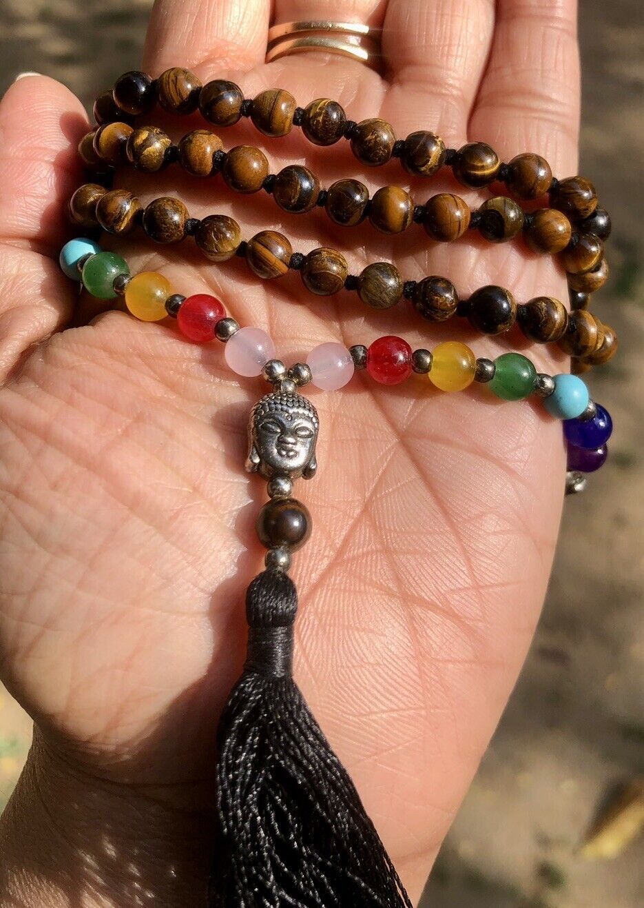 6 mm Rnd 108+1 Beads Original Tigers Eye  + 7 Chakra Jaap Rosary, Japa Mala
