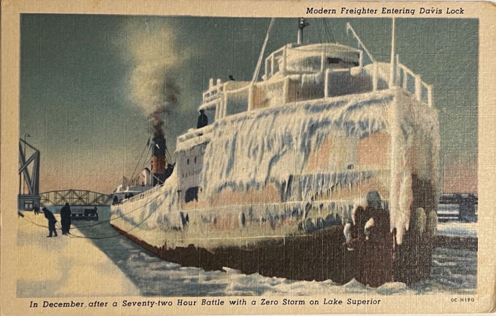 Sault Ste Marie Ice Covered Freight Ship Davis Lock Michigan Vintage Postcard
