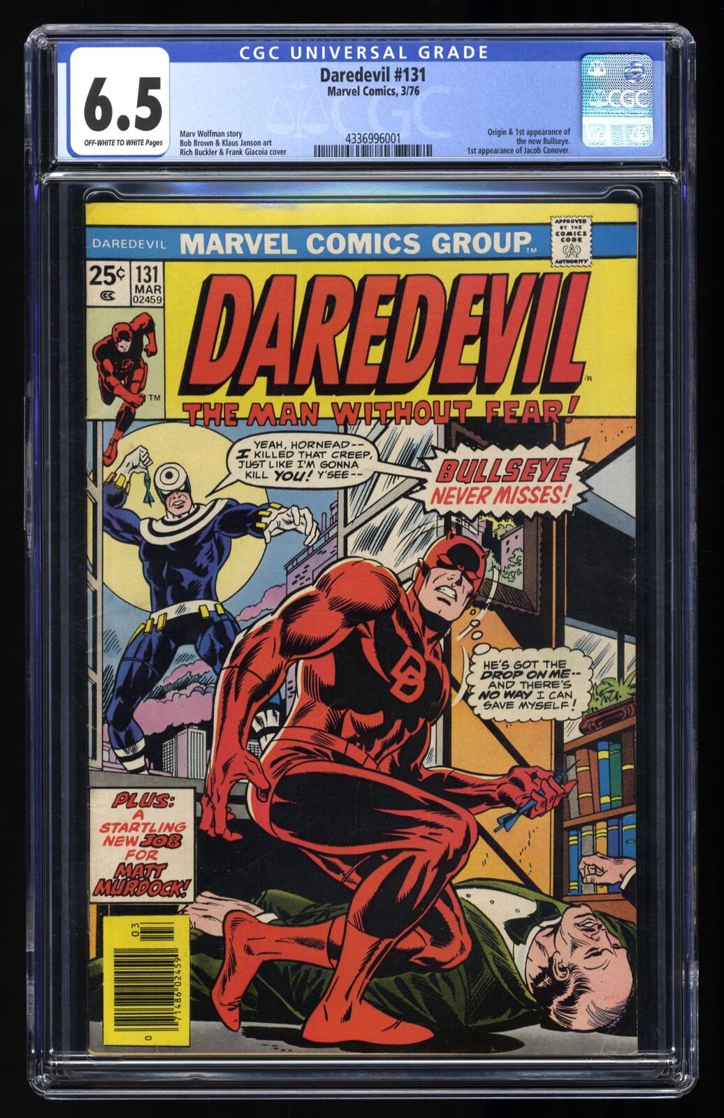 Daredevil #131 CGC FN+ 6.5 1st Appearance Bullseye and Origin Marvel 1976