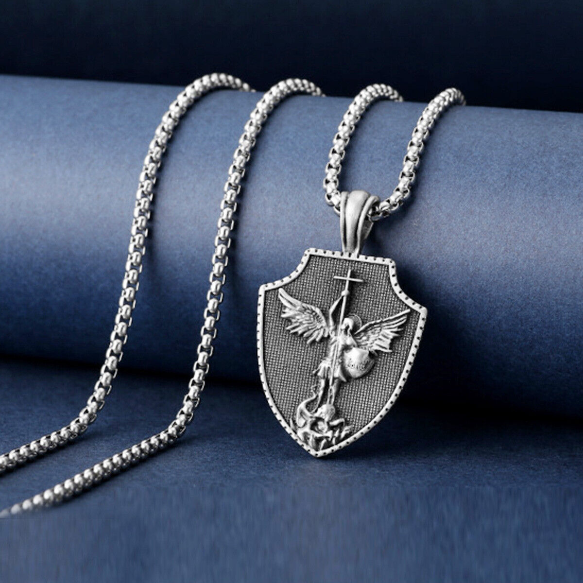 Men Archangel Saint St Michael Medal Shield Pendant Necklace Stainless Steel