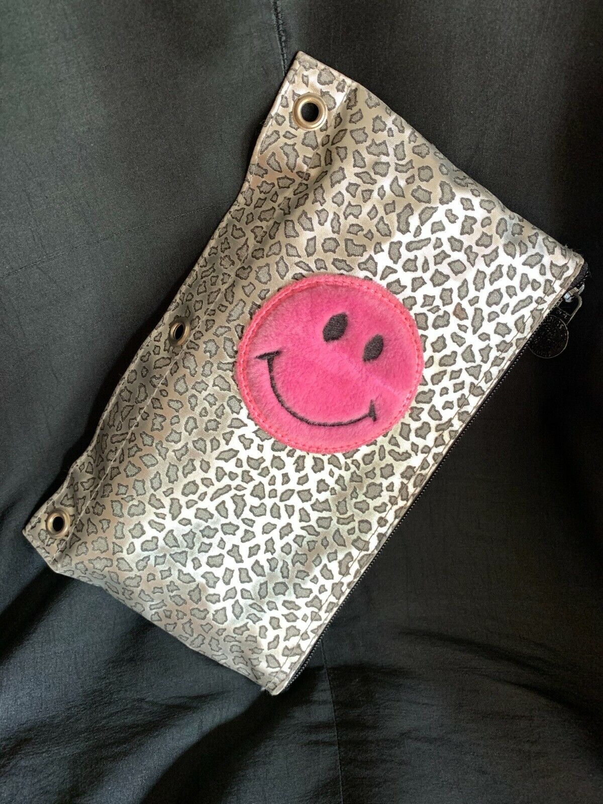 RARE LISA FRANK SMILEY FACE Pencil Leopard Case Pouch Bag PINK Soft Fluffy 