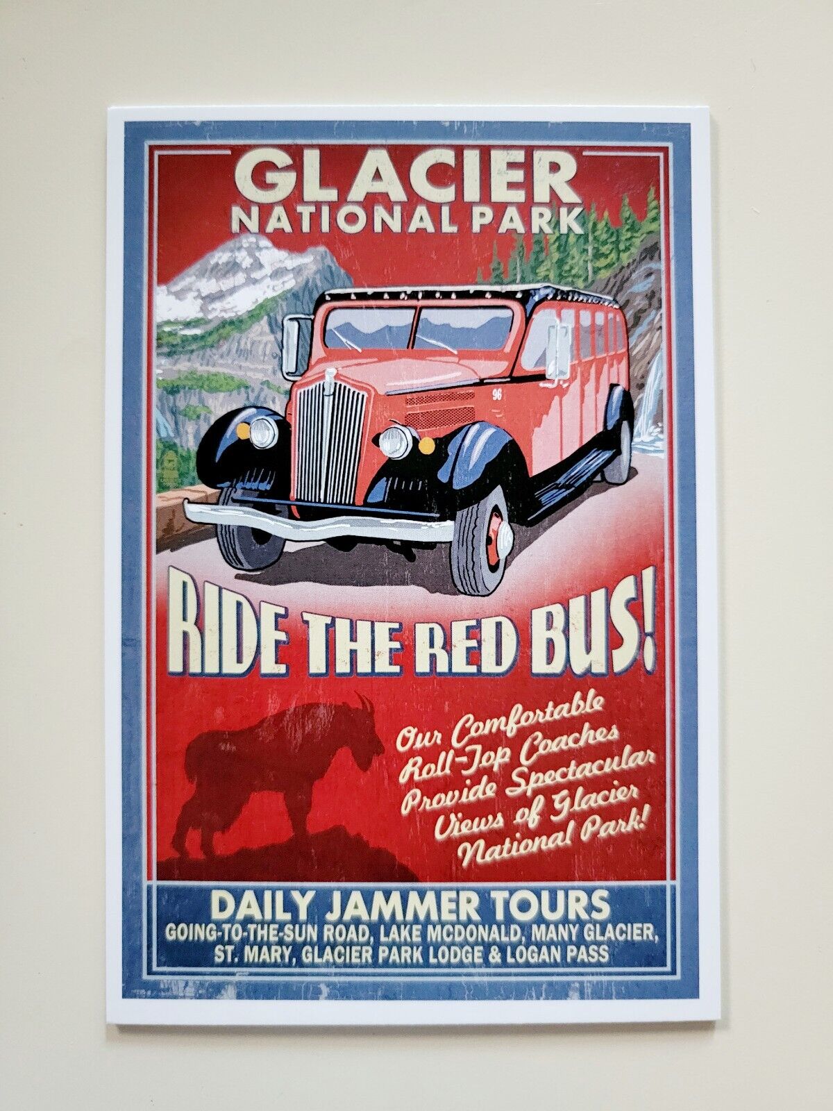 Glacier National Park, MT - Red Jammer Sign - Lantern Press Postcard