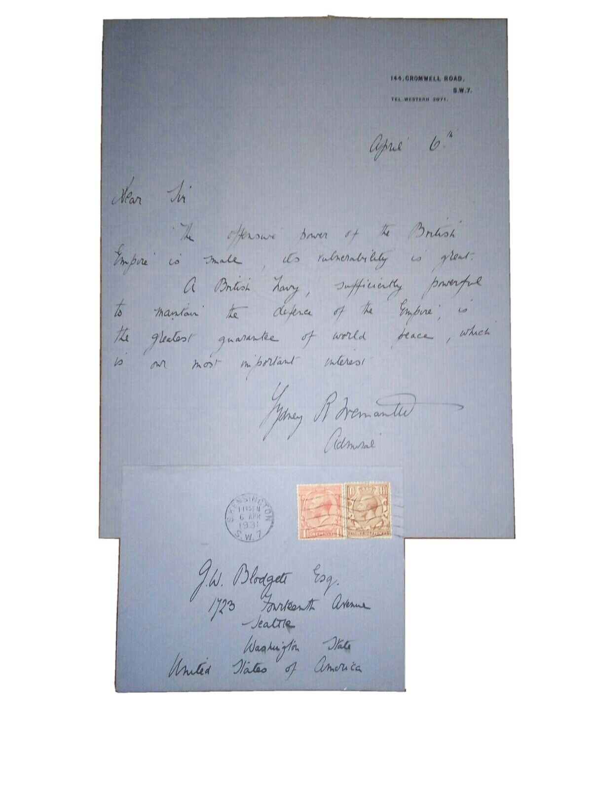 Admiral Sir Sydney Robert Fremantle (1867-1958) Autograph Signed Letter/envelope