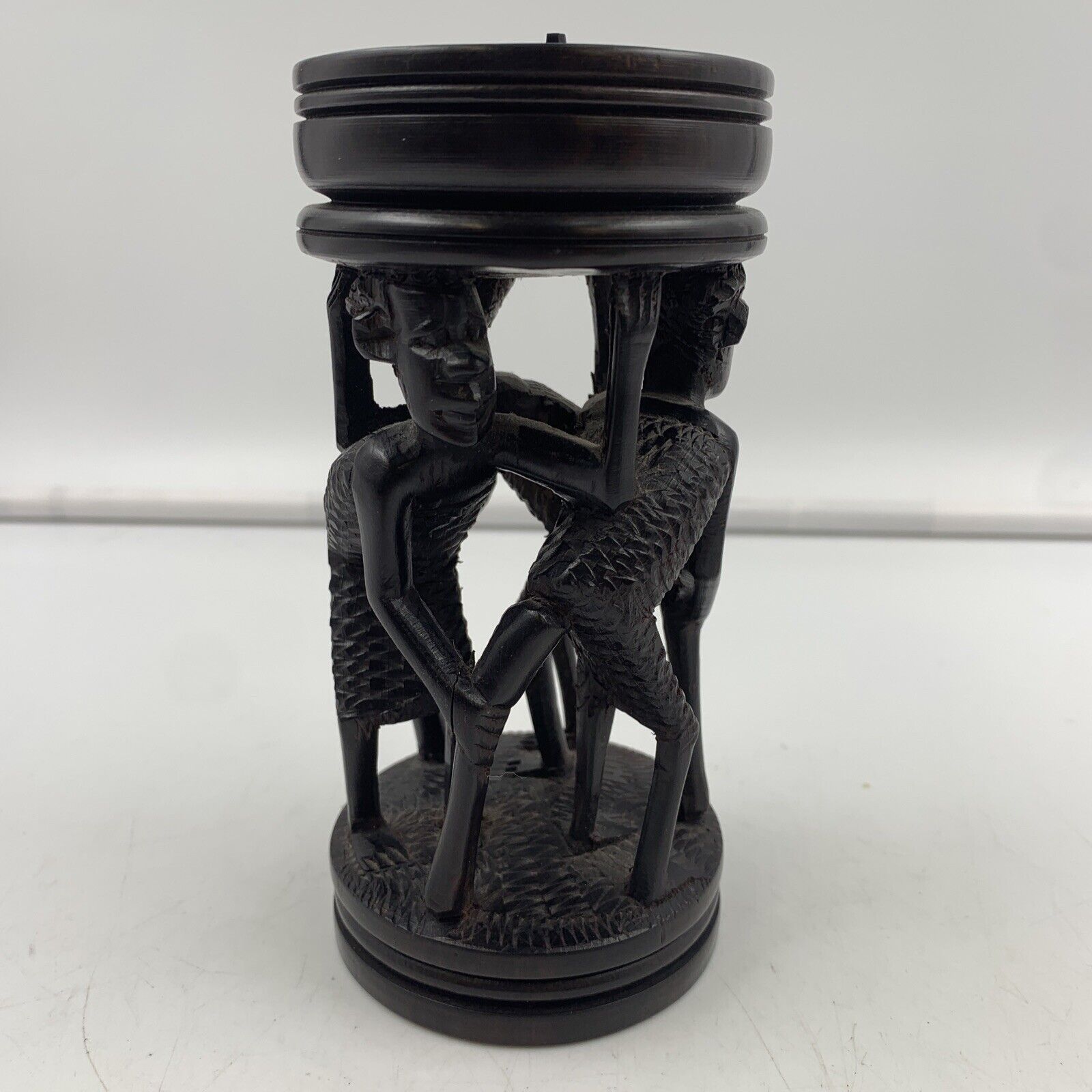 Vintage Hand Carved African Dark Wood Family Tree Candle Holder