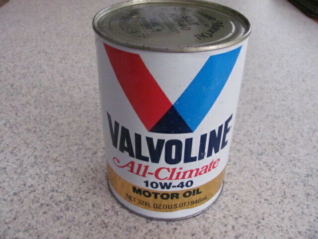VALVOLINE MOTOR OIL CAN, 1 FULL QUART,ALL-CLIMATE, 10W-40, NOS, CARDBOARD CAN