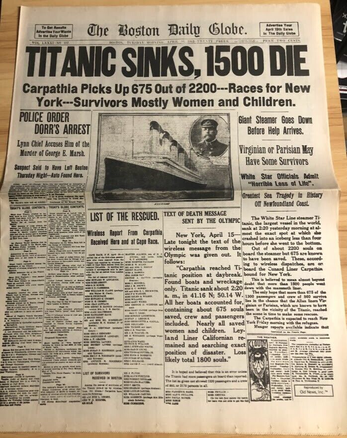 Titanic Sinks, 1500 Die The Boston Daily Globe 1912 Reprint Repo Newspaper