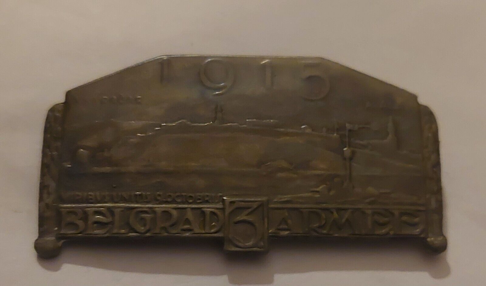 AustroHungary Military Metal Cap Badge-WW1-3rd Armee-View on Belgrade-wide